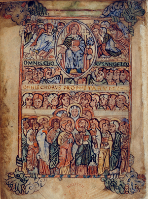 Christ in Majesty surrounded by implements of the Passion, and choirs of angels and prophets