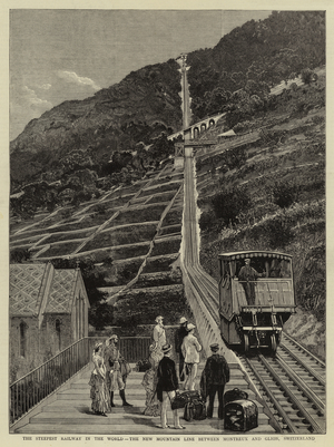 The Steepest Railway in the World, the New Mountain Line between Montreux and Glion, Switzerland (engraving)