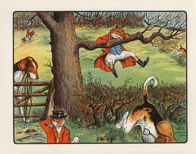 Illustration for The Fox's Frolic, or A Day with the Topsy Turvy Hunt (colour litho)