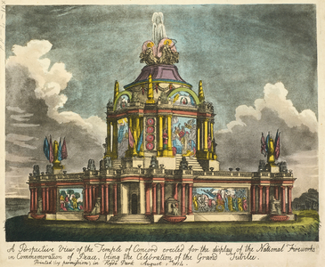 An elaborate temple decorated with flags, paintings and fountains; parkland in the distance