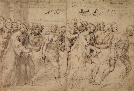 Study for 'Saint Stephen Being Led to His Martyrdom', 1566 (pen & brown ink, grey wash and (later?) traces of red chalk on paper) (recto)