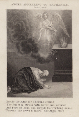 Angel appearing to Zacharias, Luke I, ver II (engraving)