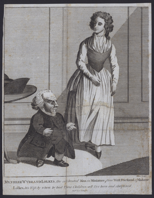 Mynheer Wybrand Lolkes, a celebrated man with dwarfism in the 1790s with his wife (engraving)