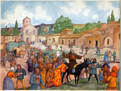 History. France. Peter the Ermit preach for the Crusades. Illustration in: Belles Images d'Histoire (History Schoolbook), by H. Geron, France, c.1948 (print)