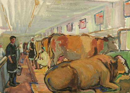 The Exhibition of Economical Achievements of the USSR. In the Cowshed, 1967 (tempera on card)