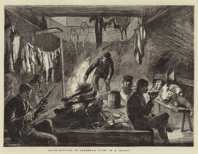 Moose-Hunting in Canada, a Night in a Shanty (engraving)