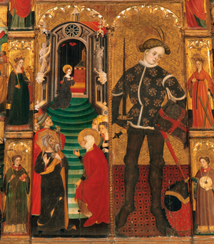 Gothic period. Altarpiece of The Virgin and Saint George (Sant Jordi), by Lluis Borrassa (1360-1426). Wood painting. Work made in Barcelona by 1390-1400. Detail, Presentation of Marie in The Temple and Saint George (Sant Jordi / San Jorge) as knight. Convento de Sant Francesc (Barcelona). Catalonia. Spain.