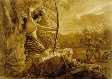 Young inca woman Amazali killing a Spanish with bow and arrow, drawing by Alexandre Marie Colin, 1825