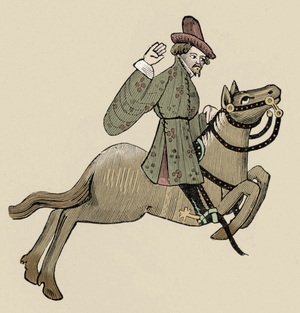 The Merchant on Horseback, from 'Canterbury Tales' by Geoffrey Chaucer (print)