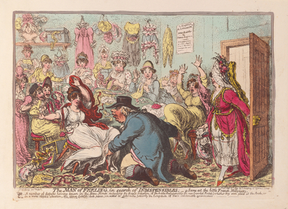 The Man of Feeling in search of Indispensibles; a scene at the little French Milliners, pub. 1800 (hand coloured engraving)