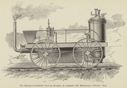 The Novelty Locomotive, built by Ericsson to compete with Stephenson's Rocket, 1829 (engraving)