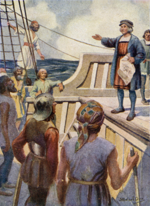 Columbus addressing the Mutineers (colour litho)