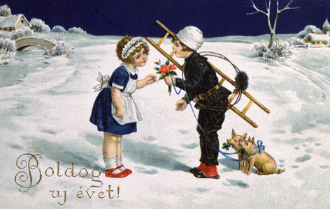 Young chimney sweep offering flower to a girl, 1910 (illustration)