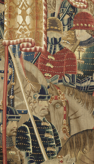 Tapestry showing the Conquests of king Alfonso V of Portugal (Conquistas de Alfonso V de Portugal), Tournai. Detail. (Wool and silk)