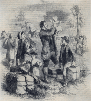 Emigrants from England newly arrived in Australia. Engraving, 1852.