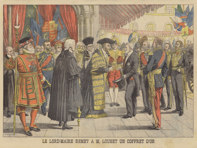 The Lord Mayor of London presenting President Loubet of France with a gold casket (colour litho)