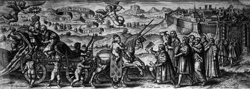 Allegory of entrance of French queen Catherine de Medicis (1519-1589) in Paris on june 18, 1549, engraving by Gaultier after Rabel and Le Clerc