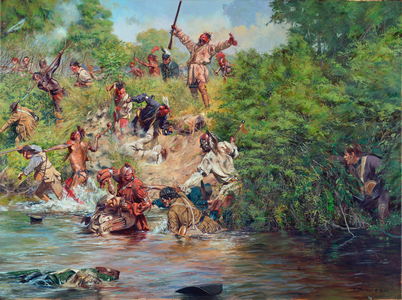 Ensign Downing's Escape, Wyoming 1778, 2012 (oil on canvas)