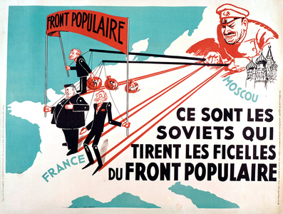 Poster depicting Edouard Herriot, Leon Blum as the puppets of Moscow, c.1936 (poster)