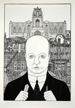 Sir Giles Gilbert Scott, illustration from Eighty Eight Cartoons by Powys Evans, pub. Cayme Press, 1926 (litho)