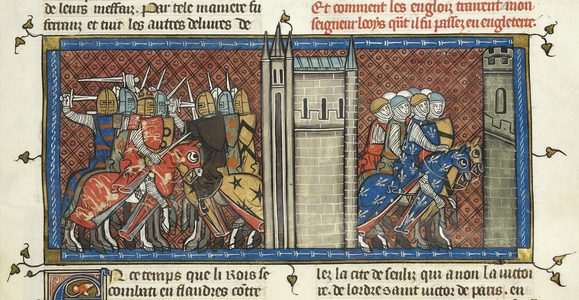 A battle with King John of England and Louis VIII on the march, from 'Les Grandes chroniques de France', c.1332-50 (ink, colour & gold on vellum)