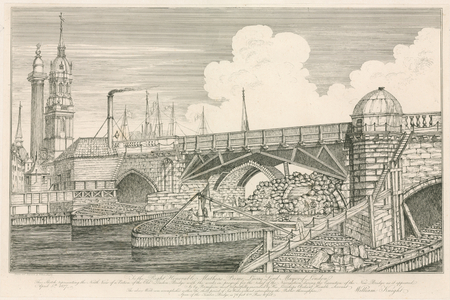 Portion of the Old London Bridge, drawn in 1827 during construction works (engraving)