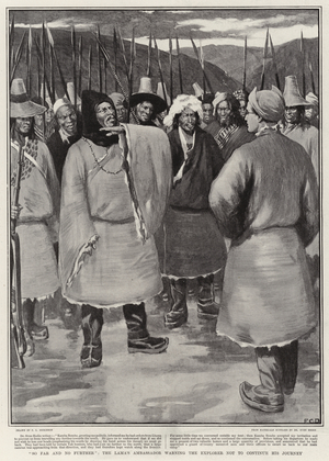 "So Far and No Further", the Lama's Ambassador warning the Explorer not to Continue his Journey (litho)