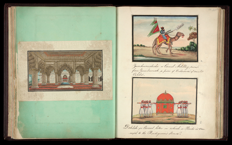 The interior of the Diwan-i-Khas (left), Camel Artillery Man (top right), Bridal Dohleh (bottom right), 1843 (ink and colours on paper)