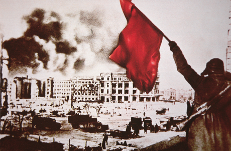 The Red flag signals Russian victory in the Battle of Stalingrad, 1943 (colourised b/w photo)