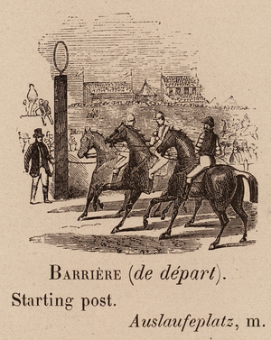 Le Vocabulaire Illustre: Barriere (de depart); Starting post; Auslaufeplatz (engraving)