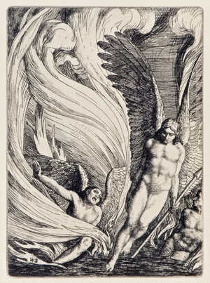 "Satan Rising from the Burning Lake" from 'Paradise Lost' by John Milton (1608-1674) a series of 12 illustrations etched by William Strang (1859-1921)