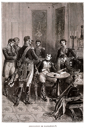 Napoleon signing his first abdication at Fontainebleau on April 11, 1814. 1891 (engraving)
