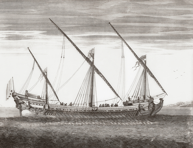 A 17th century French galley being rowed.  (print)