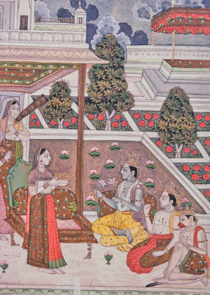 Rama, Lakshmi and Hanuman in an ornamental garden, Ramayan, Miniature Painting, Baroda Museum, India