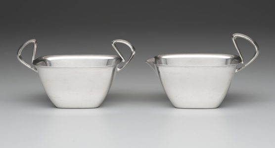 "Modern" pattern creamer and sugar bowl, c. 1950s (silverplate)