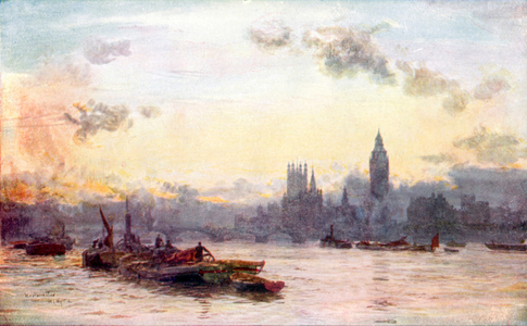 The Houses of Parliement from the river (colour litho)