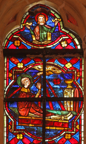 Window w212 depicting the death and assumption of St John (stained glass)