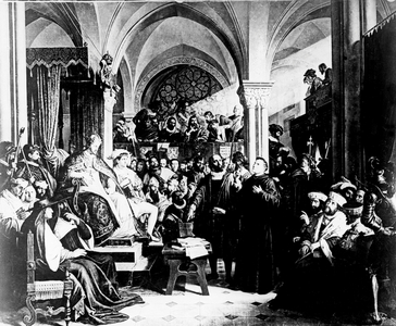 Martin Luther in front of the Reichstag at Worms in April 1521