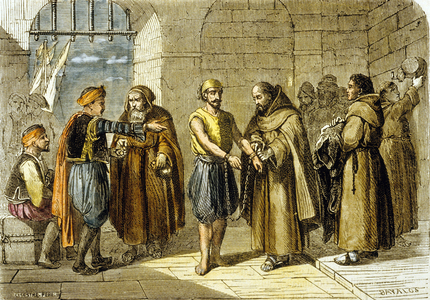 Miguel de Cervantes saved by the Fathers of the Redemption, 1580 (colour engraving)