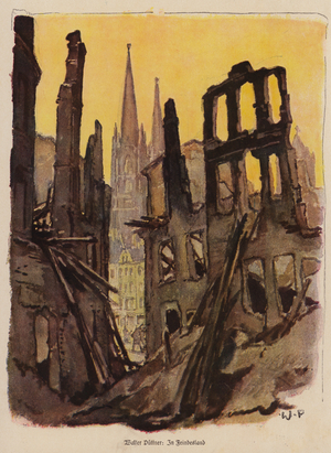 Ruined city, World War I (colour litho)
