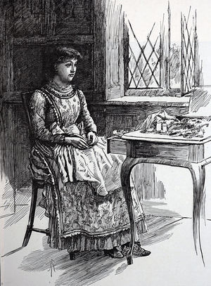 Female seated with her sewing case on the table, 1882