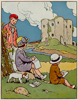 Early 20th century childhood: Sketching the Castle (colour litho)