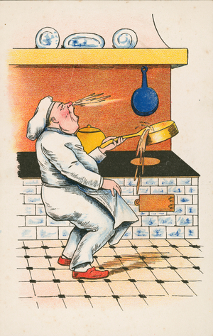 Chef sneezing into the soup (colour litho)