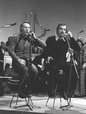 Oslo March 15, 1975. Humorists Stutum and Osvold in action during the distribution of the Spellemann Prize ..., 1975 (photo)