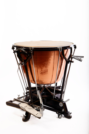 Dresden style Timpani by Ludwig, with natural skin, or calf head. Showing the tuning gauge and pedal