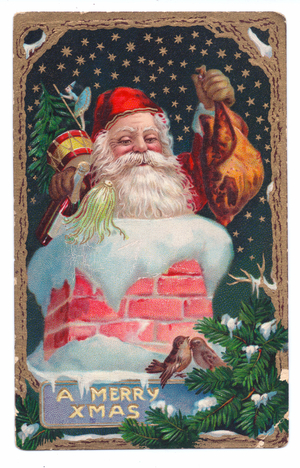 Edwardian Christmas postcard of Father Christmas in a chimney holding a turkey, c.1910 (colour litho)