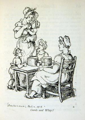 Illustration of a woman feeding a baby curds and whey as two children drink milk. Circa 1819