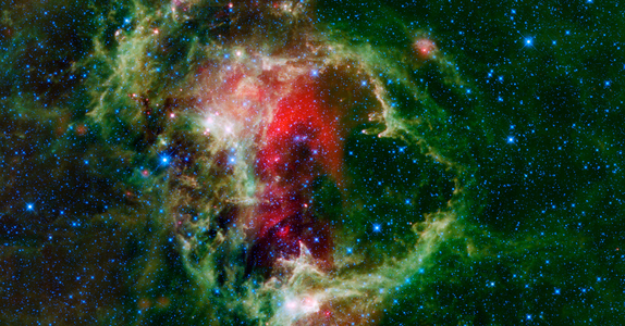 This WISE mosaic is of the Soul Nebula (a.k.a. the Embryo Nebula, IC 1848, or W5). It is an open cluster of stars surrounded by a cloud of dust and gas over 150 light-years across and located about 6,500 light-years from Earth in the constellation Cassiopeia, near the Heart Nebula.