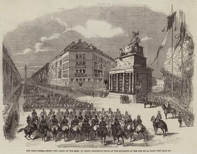 The Paris Fetes, Entry into Paris of the Army of Italy, Statue of Peace at the Entrance of the Rue de la Paix (engraving)