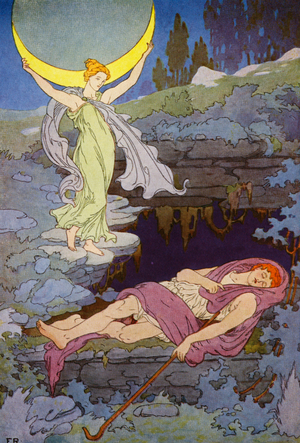 Visited only by the moon at night, Endymion will sleep forever (colour litho)